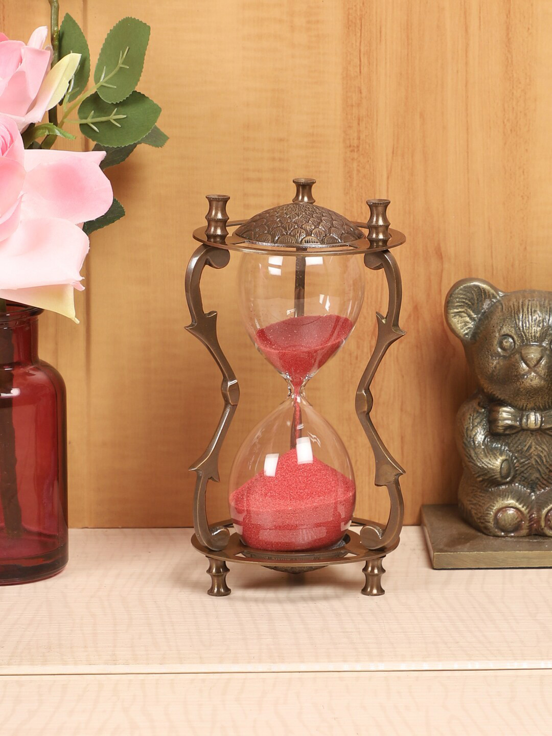 EXIM DECOR Sand Timer with Twigs Pillar Copper Brass Metallic Home Office Small Showpiece - 7.2 Inches