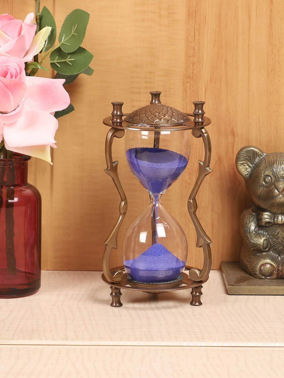 EXIM DECOR Sand Timer with Twigs Pillar Purple Brass Metallic Home Office Medium Showpiece - 7.2 Inches
