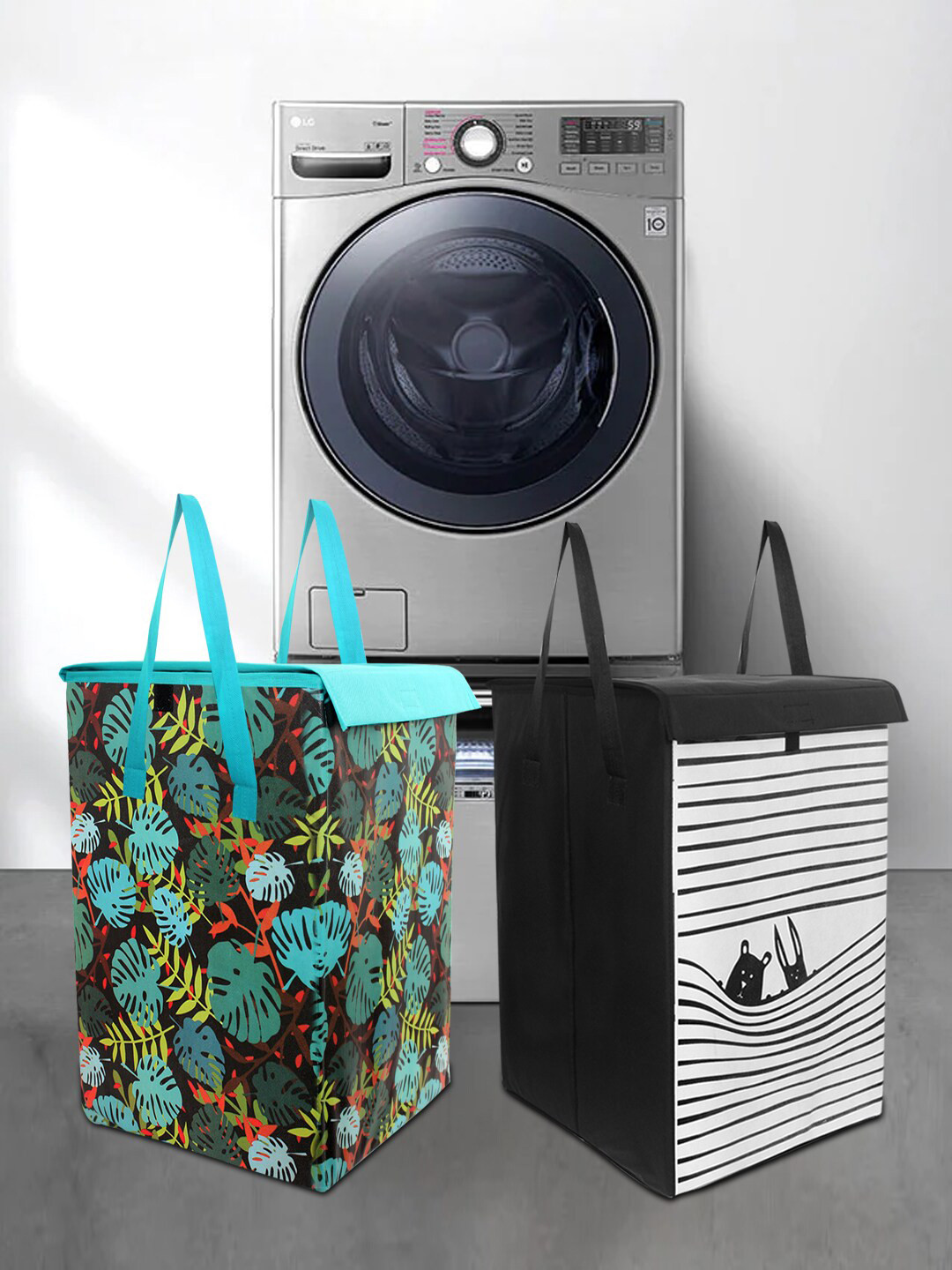 prettykrafts Set Of 2 Green & Black Printed Foldable Laundry Basket With Lid