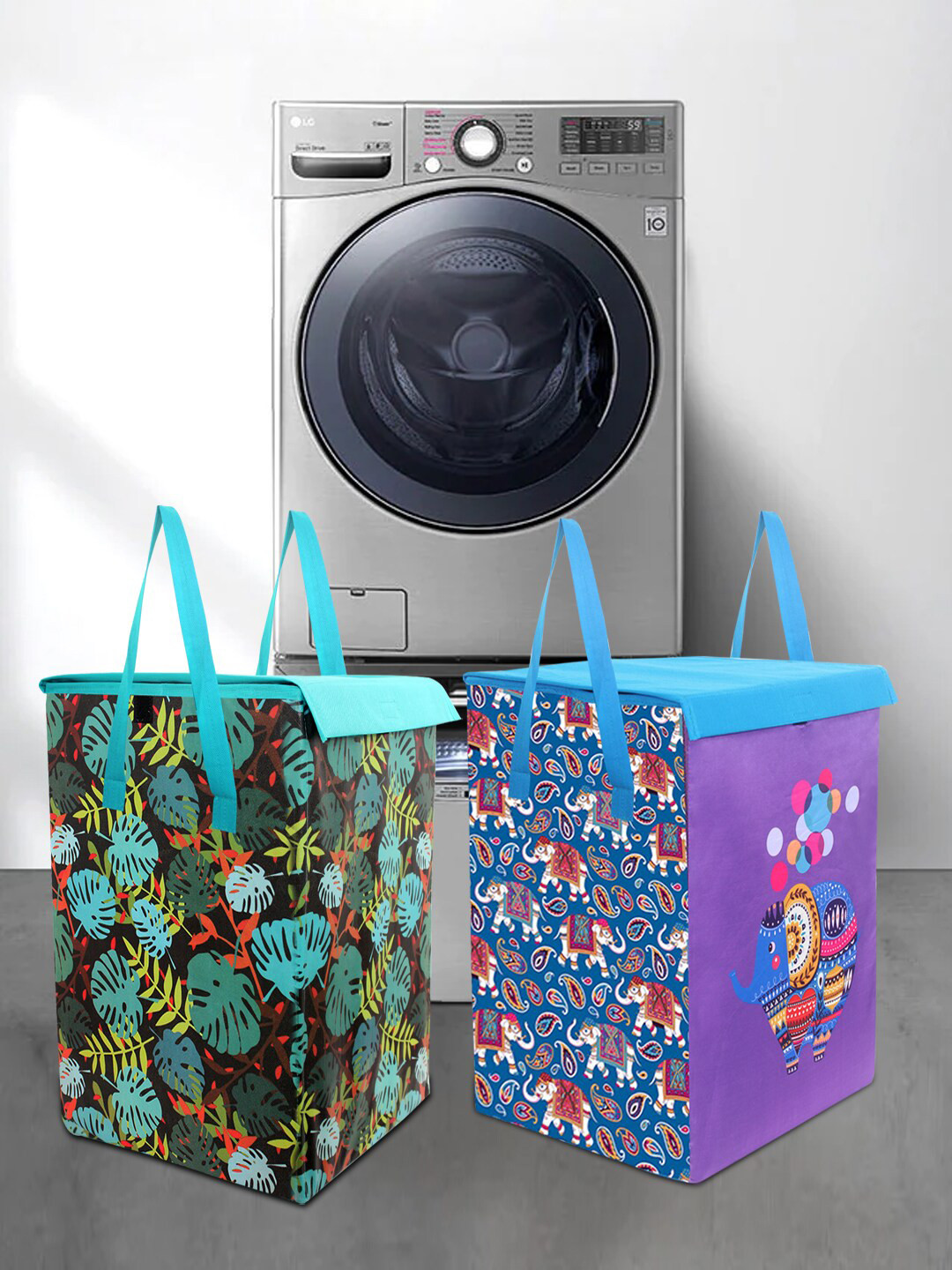 prettykrafts Set Of 2 Printed Laundry Bag with Lid & Handle