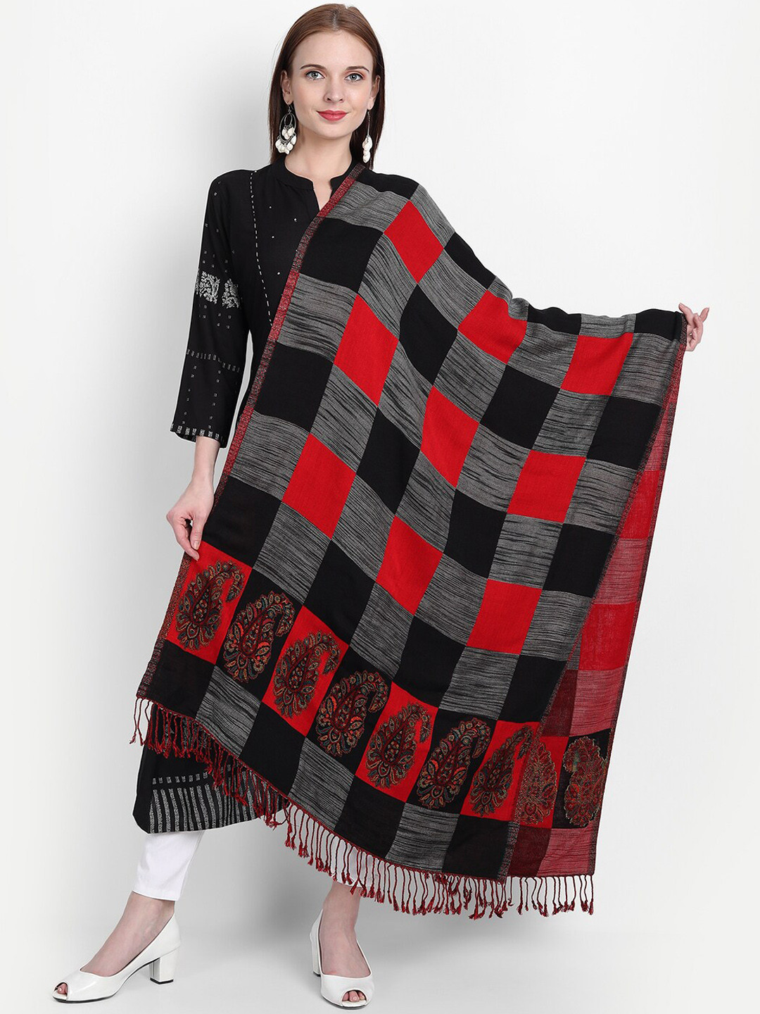 HK colours of fashion Women Black & Red Checked Reversible Shawl