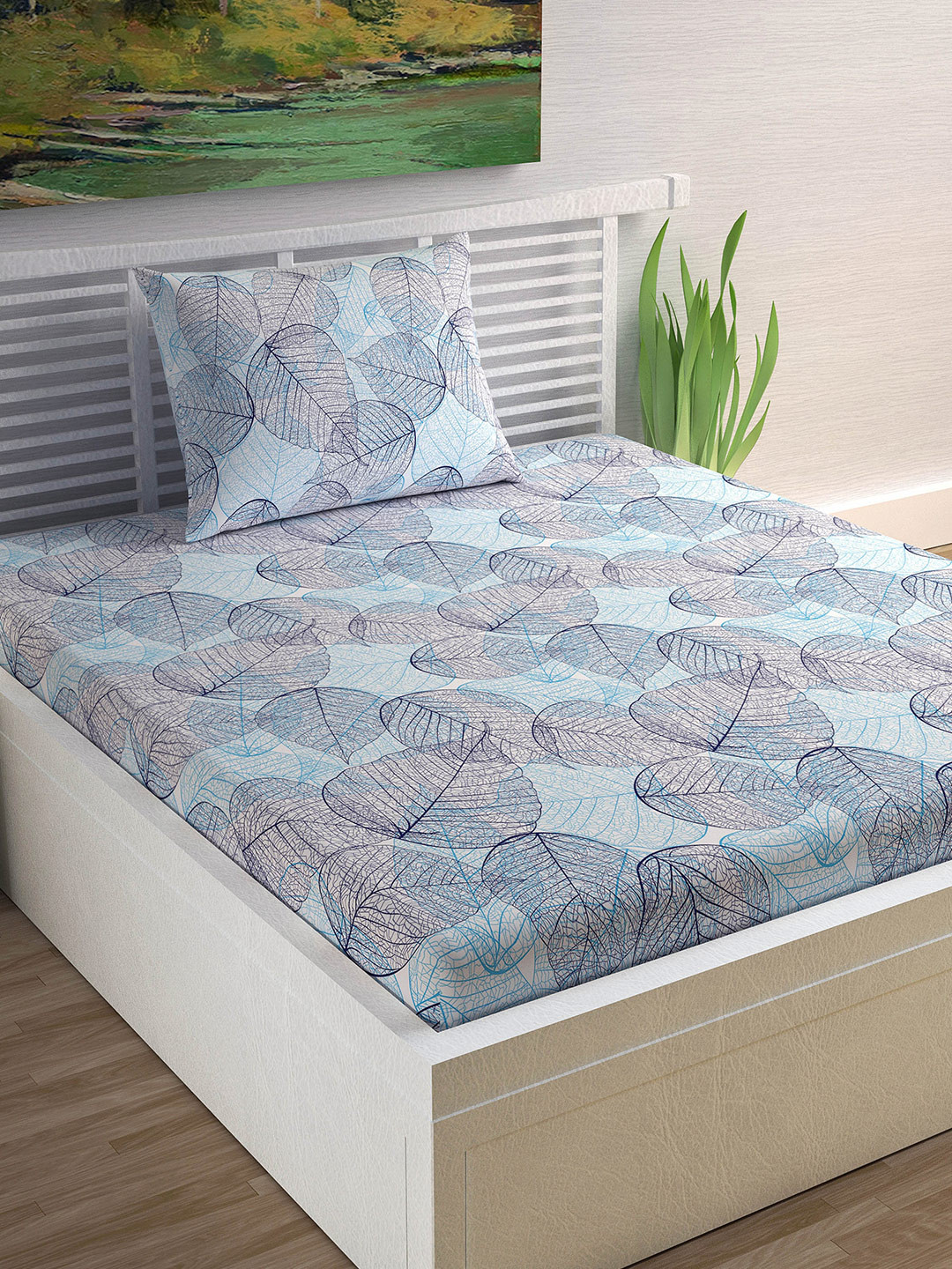 Divine Casa Sense Turquoise Blue Floral Cotton 120 TC Fitted Single Coarse Bedsheet with a Pillow Cover-87 x 55 inches
