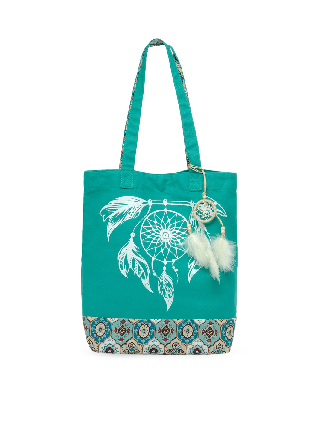 The House of Tara Teal and White Canvas Tribal Motif Printed Shopper Tote Bag