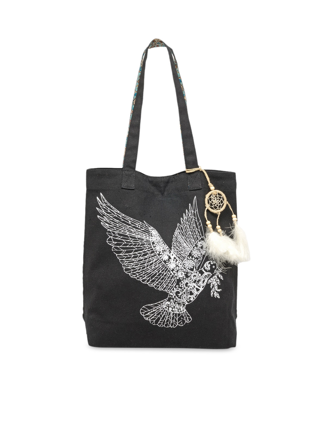 The House of Tara Black and White Canvas Eagle Motif Printed Shopper Tote Bag