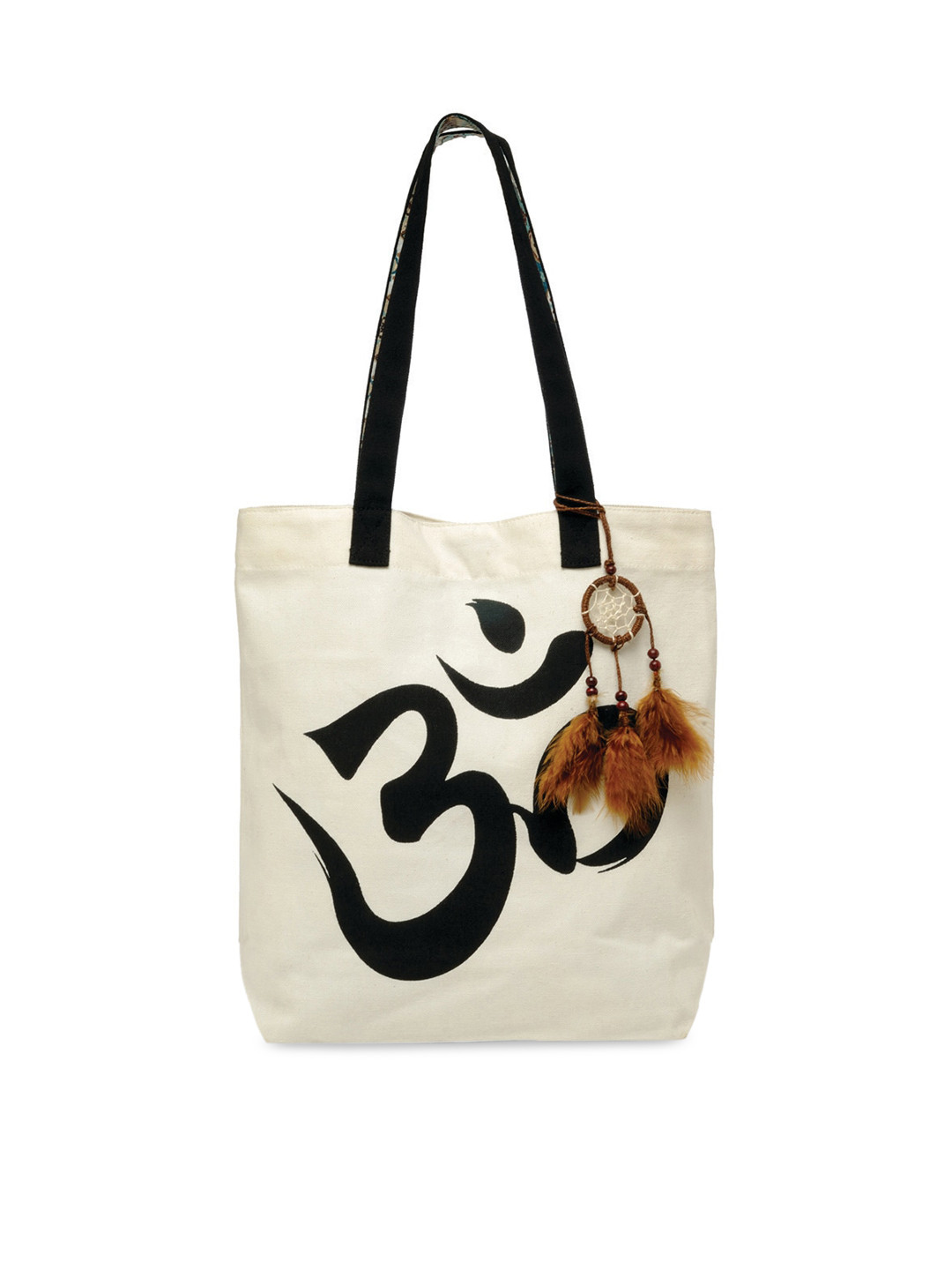 The House of Tara Off White and Black Canvas Ethnic Motifs Printed Shopper Tote Bag