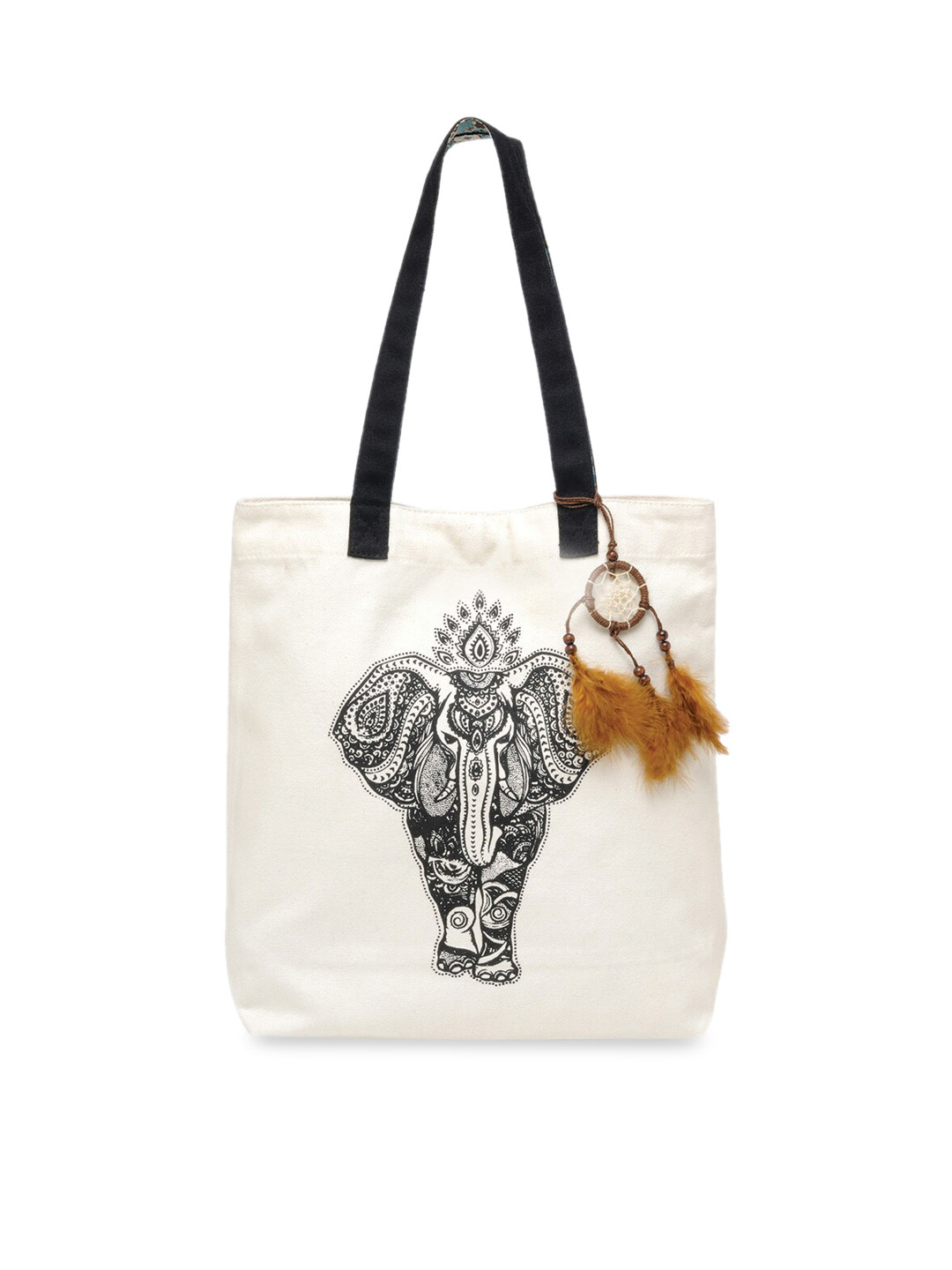 The House of Tara Off White and Black Canvas Ethnic Motifs Printed Shopper Tote Bag