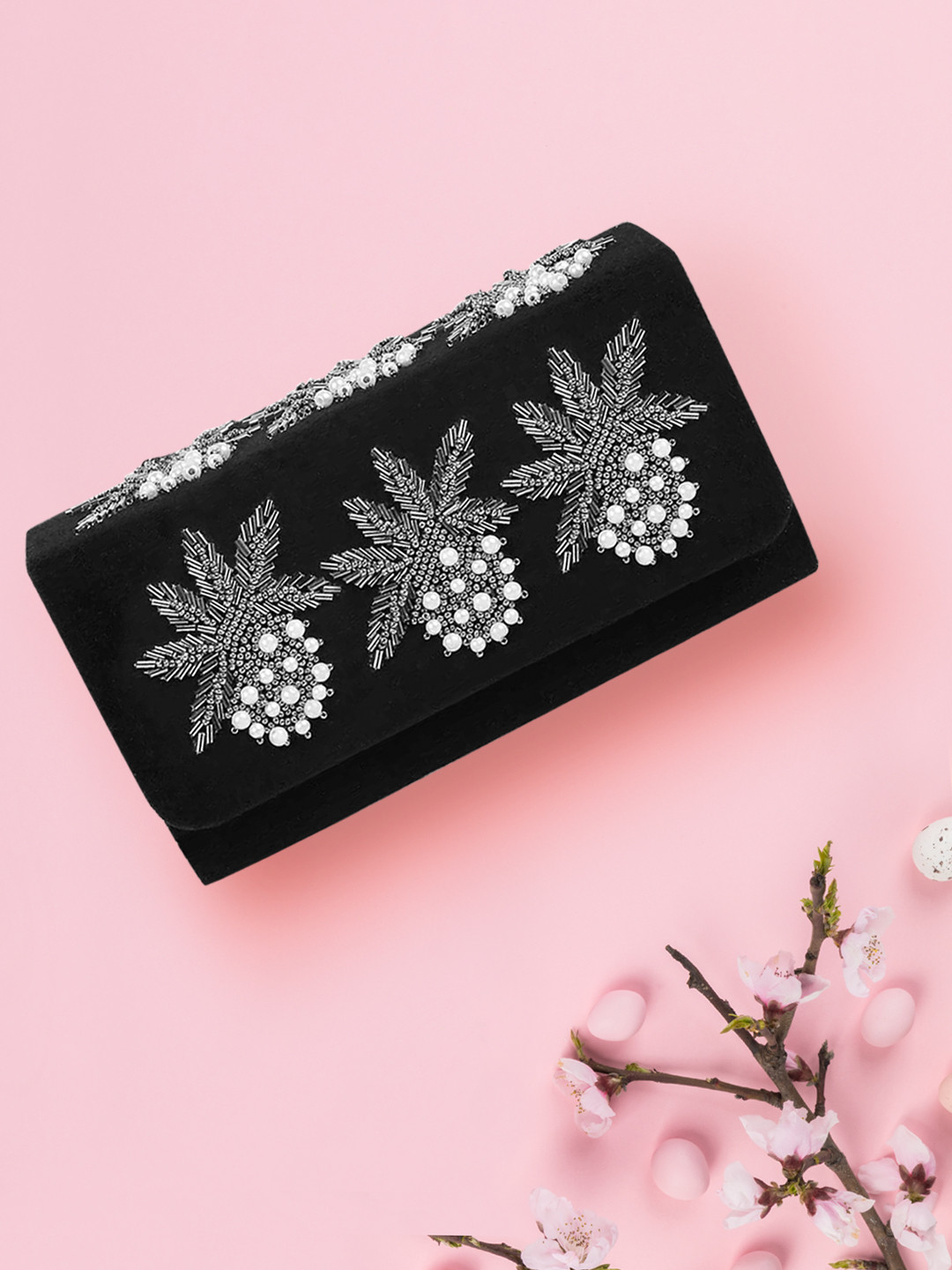 Mochi Black & Silver-Toned Embellished Sling Bag