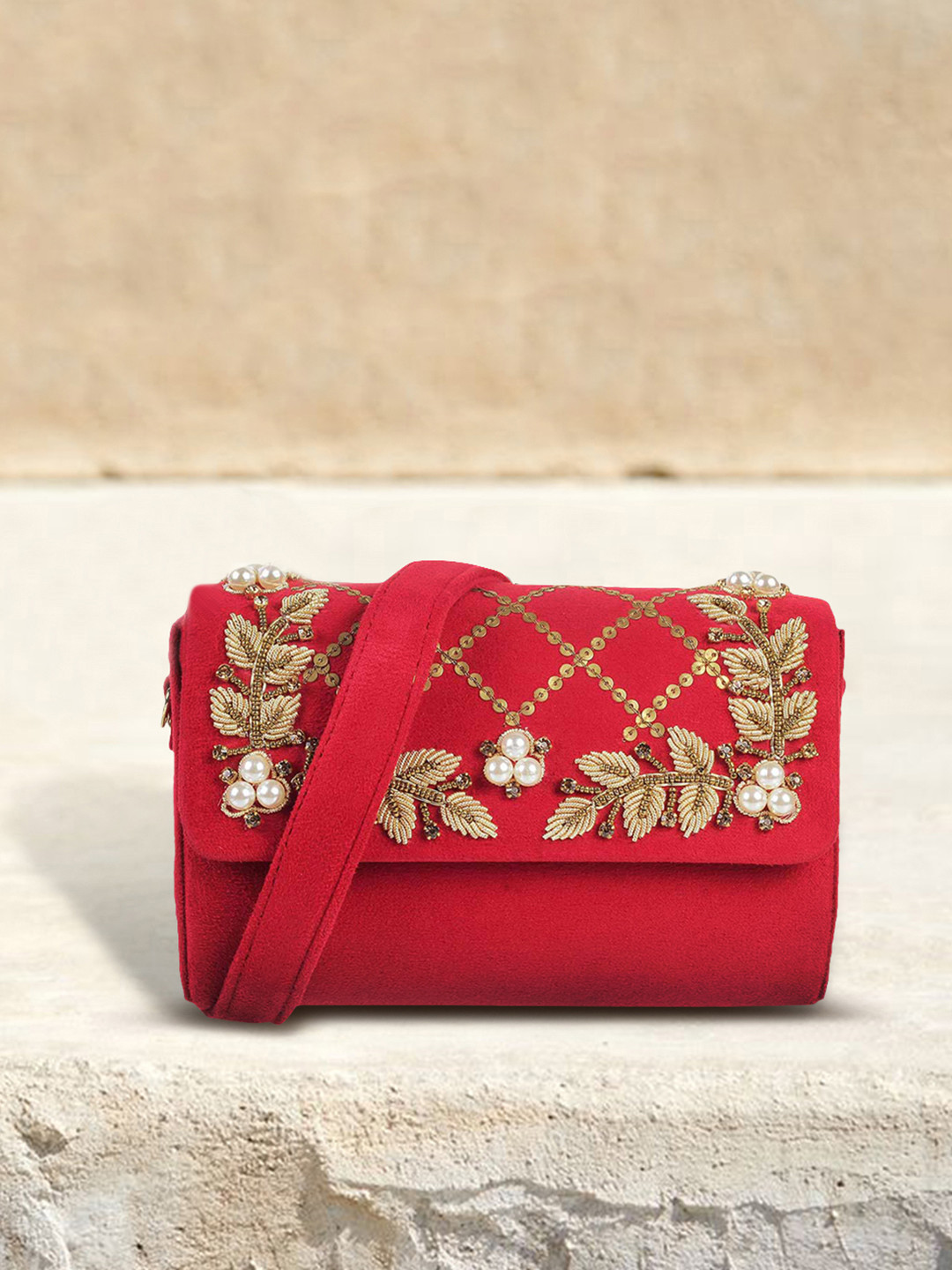 Mochi Red & Gold-Toned Embellished Sling Bag