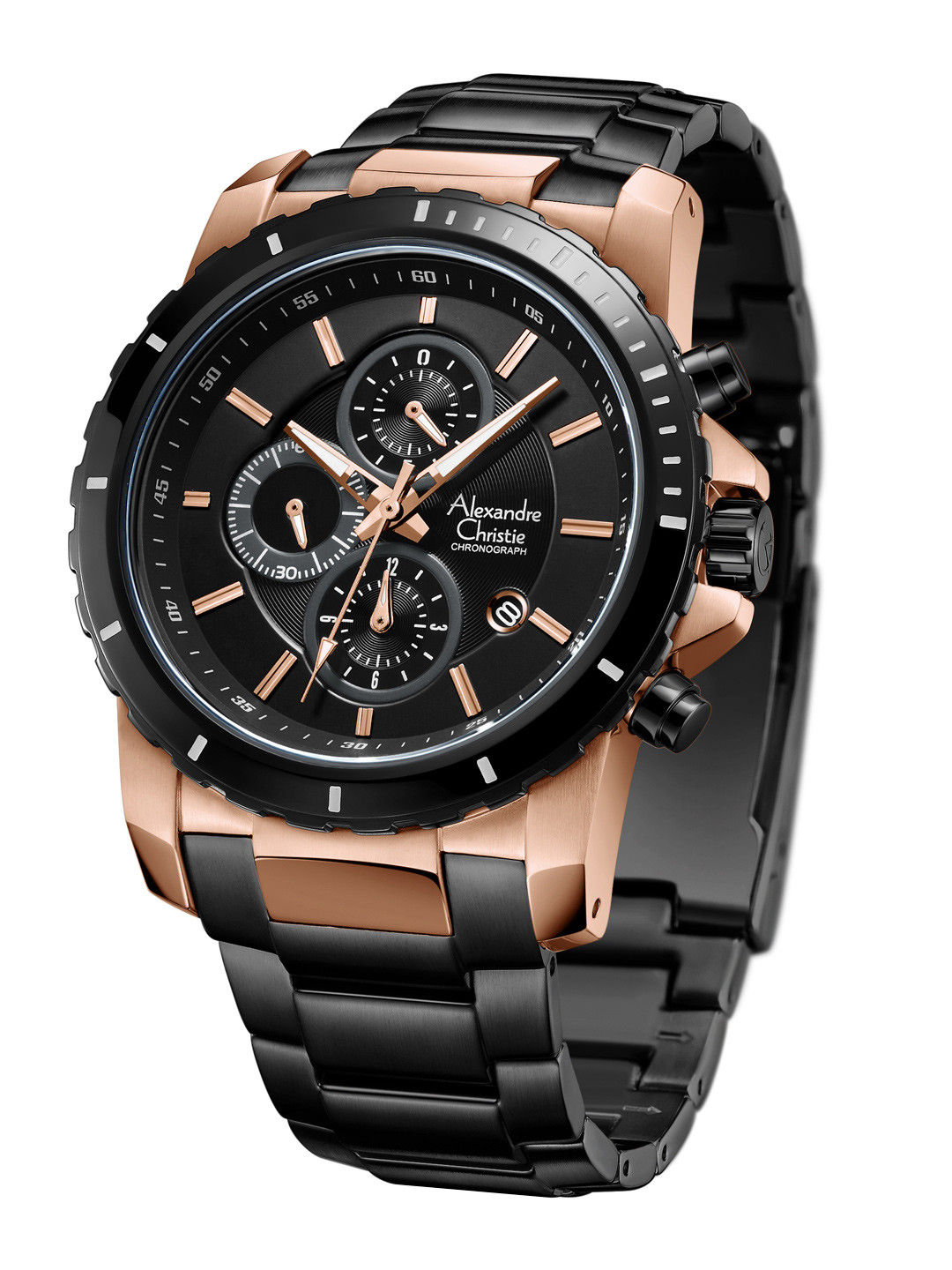 Alexandre Christie Men Black Dial & Black Stainless Steel Bracelet Style Straps Analogue Watch