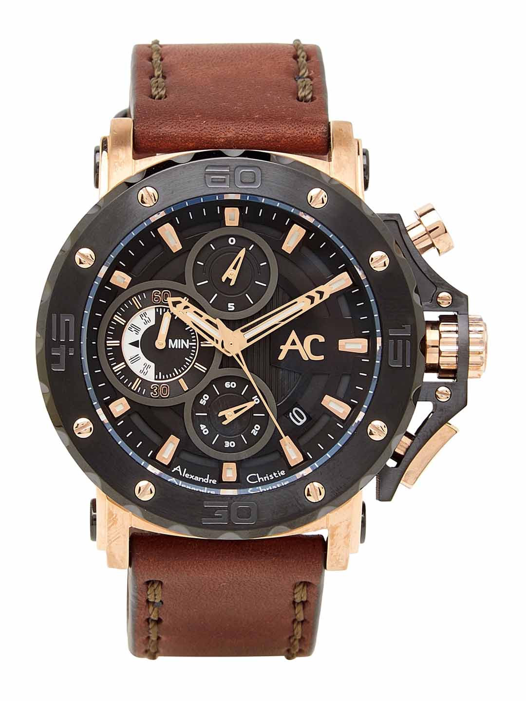 Alexandre Christie Men Black Dial & Brown Leather Solid Straps Analogue Watch