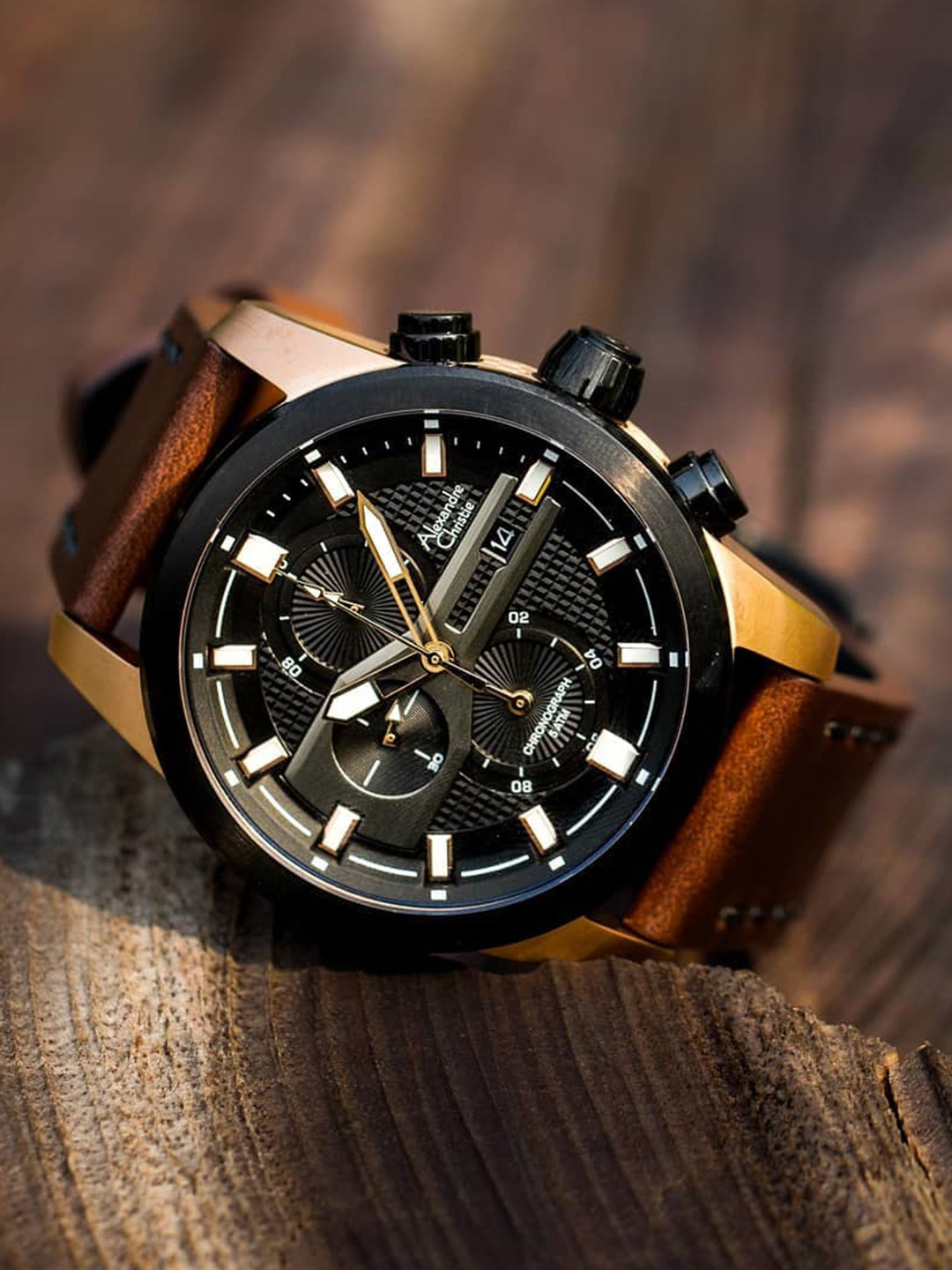 Alexandre Christie Men Black Dial & Brown Leather Regular Straps Analogue Watch