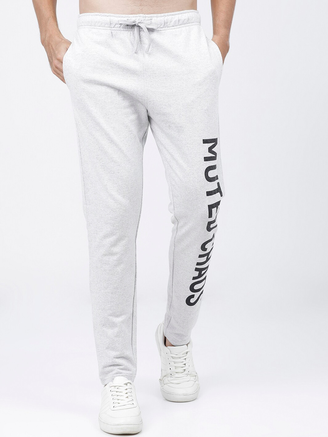 HIGHLANDER Men Off White & Black Typography Printed Slim-Fit Casual Track Pants