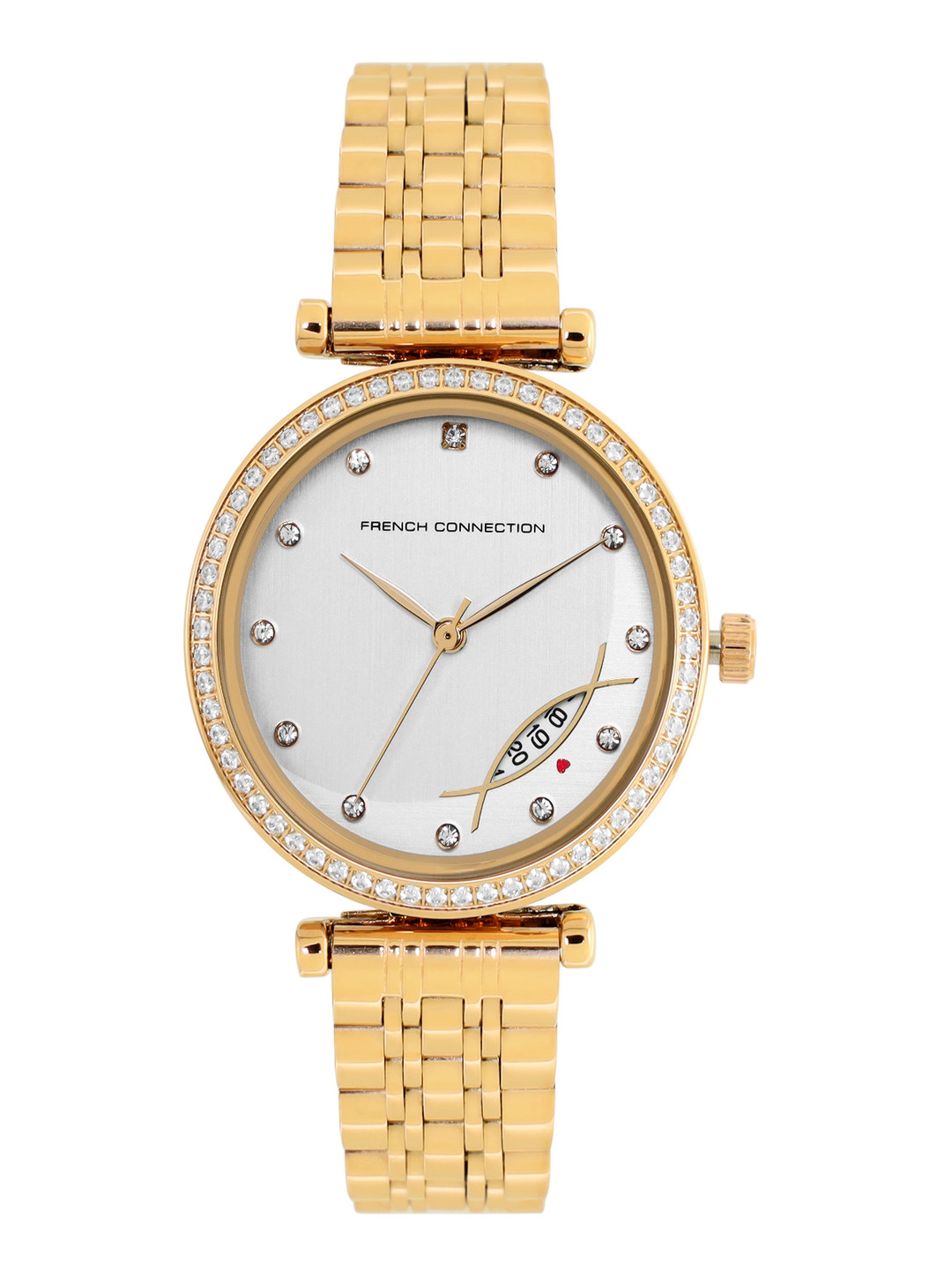 French Connection Women Gold-Toned Embellished Dial & Silver Toned Stainless Steel Bracelet Style Straps Watch
