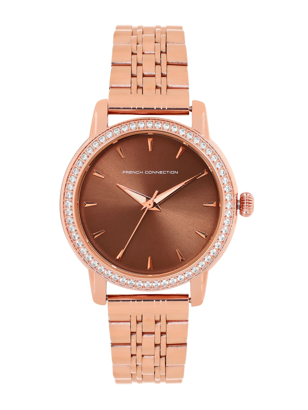 French Connection Women Gold-Toned Embellished Dial & Brown Stainless Steel Bracelet Style Straps Analogue Watch