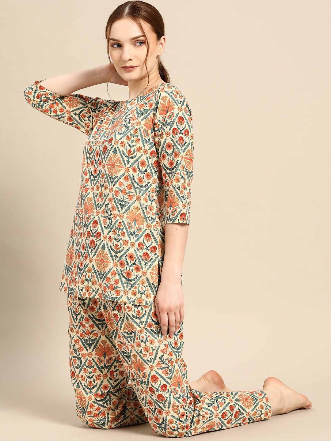 MABISH by Sonal Jain Women Beige & Orange Printed Pure Cotton Night suit