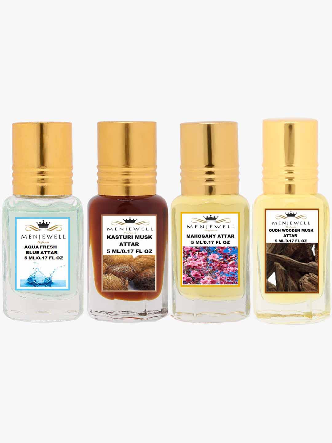 Menjewell Aqua Fresh Kasturi Musk Mahogany Oudh Wooden Musk Perfume 20 Ml Pack Of 4