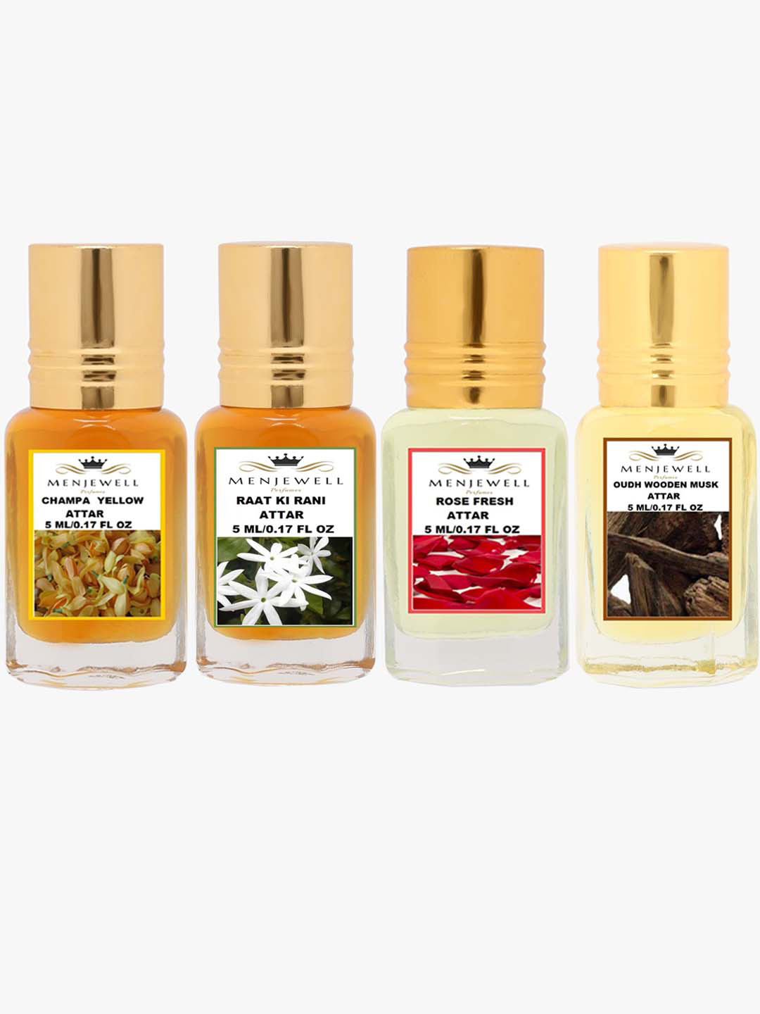 Menjewell Pack of 3 Attar (Champa Yellow,Raat Ki Rani,Rose Fresh,Oudh Wooden Musk)