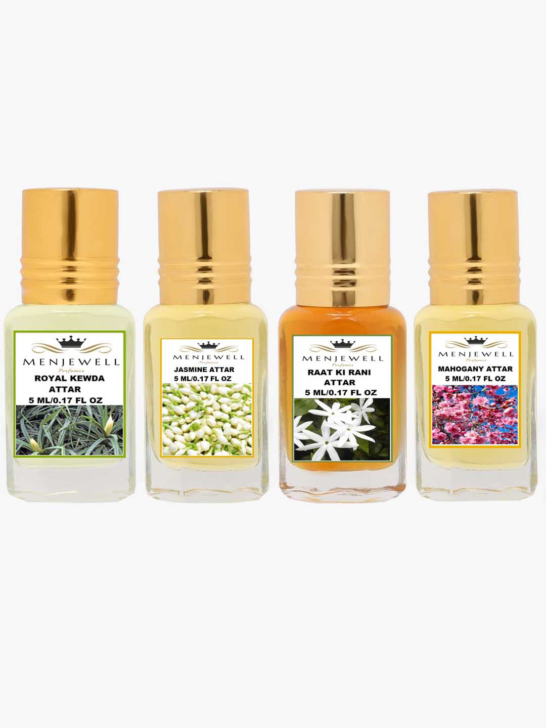Menjewell Set of 4 Attar - Royal Kewda - Jasmine - Raat Ki Rani - Mahogany