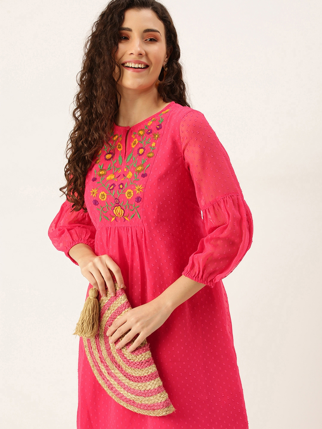 Buy Flying Machine Coral Pink Floral Embroidered Keyhole Neck Pleated Fit Flare Dress Dresses for Women 14815796 Myntra