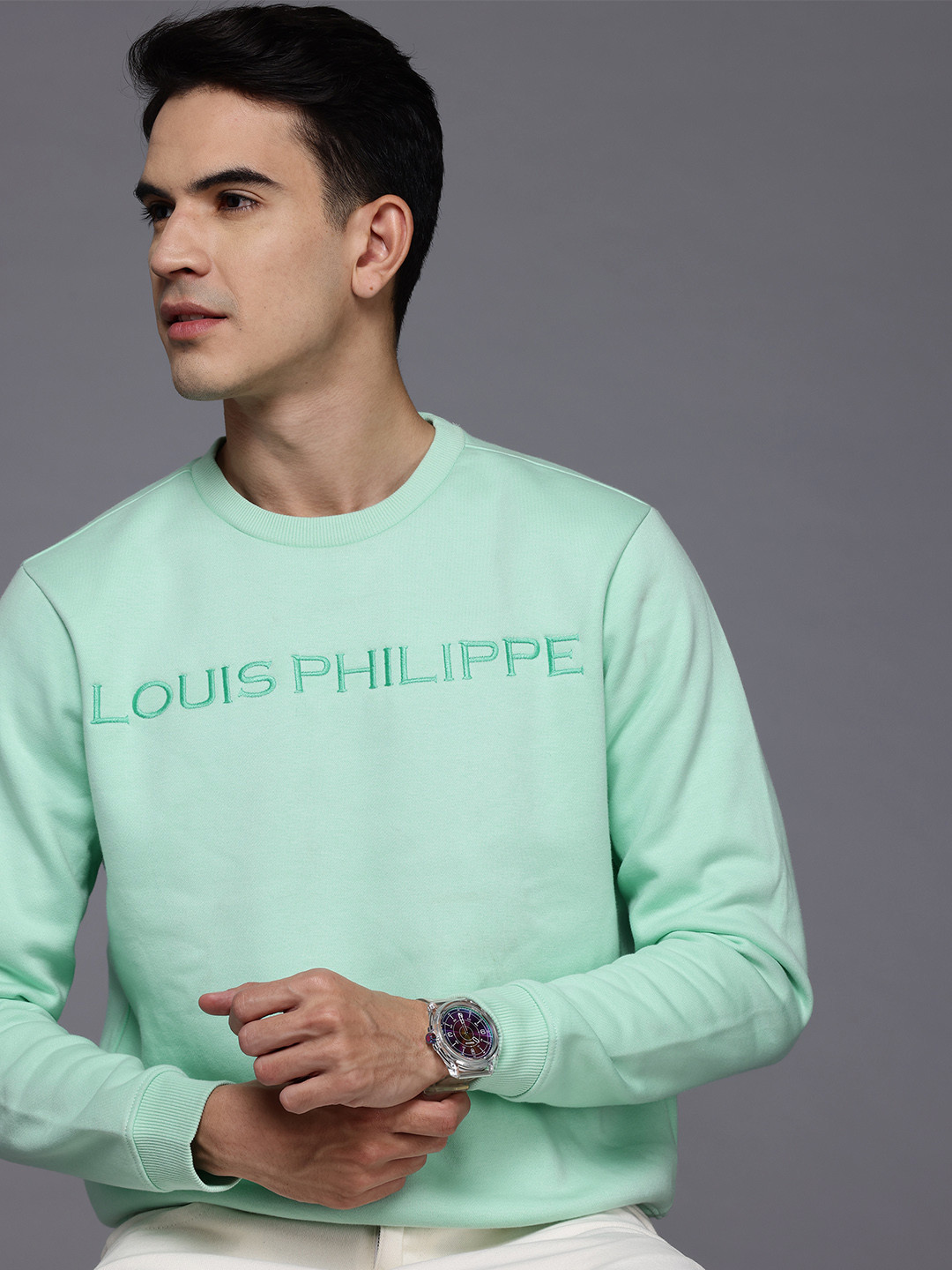 Louis Philippe Brand Name Embroidered Solid Sweatshirt