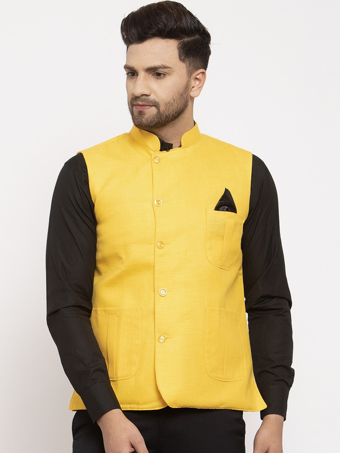 KLOTTHE Men Yellow Solid Woven Nehru Jacket Comes With A Pocket Square