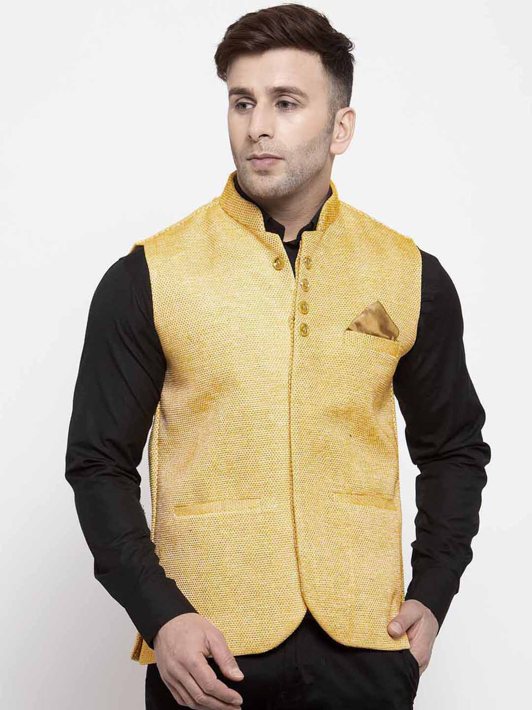 KLOTTHE Men Yellow Woven Design Nehru Jacket With Comes With A Pocket Square