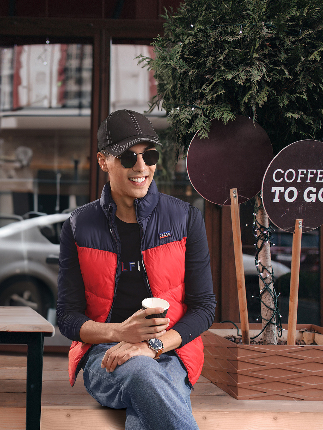 Jack & Jones Men Red & Navy Blue Colourblocked Padded Jacket