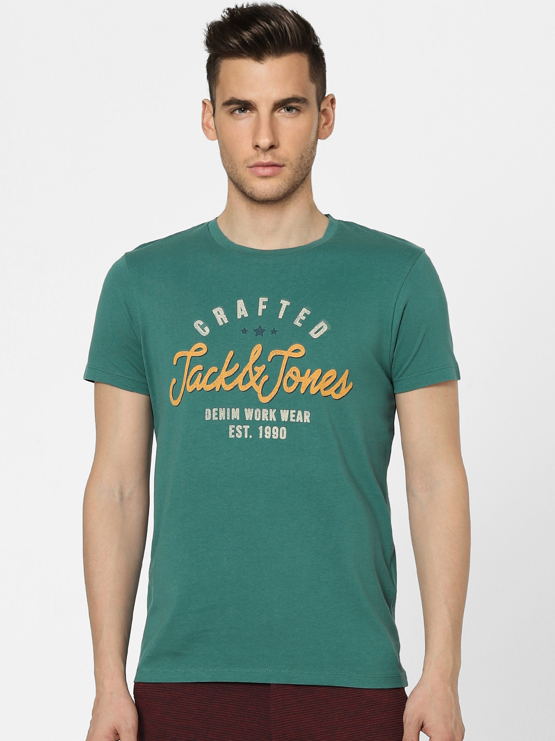 Jack  Jones Men Green Brand Logo Printed Pure Cotton T-shirt