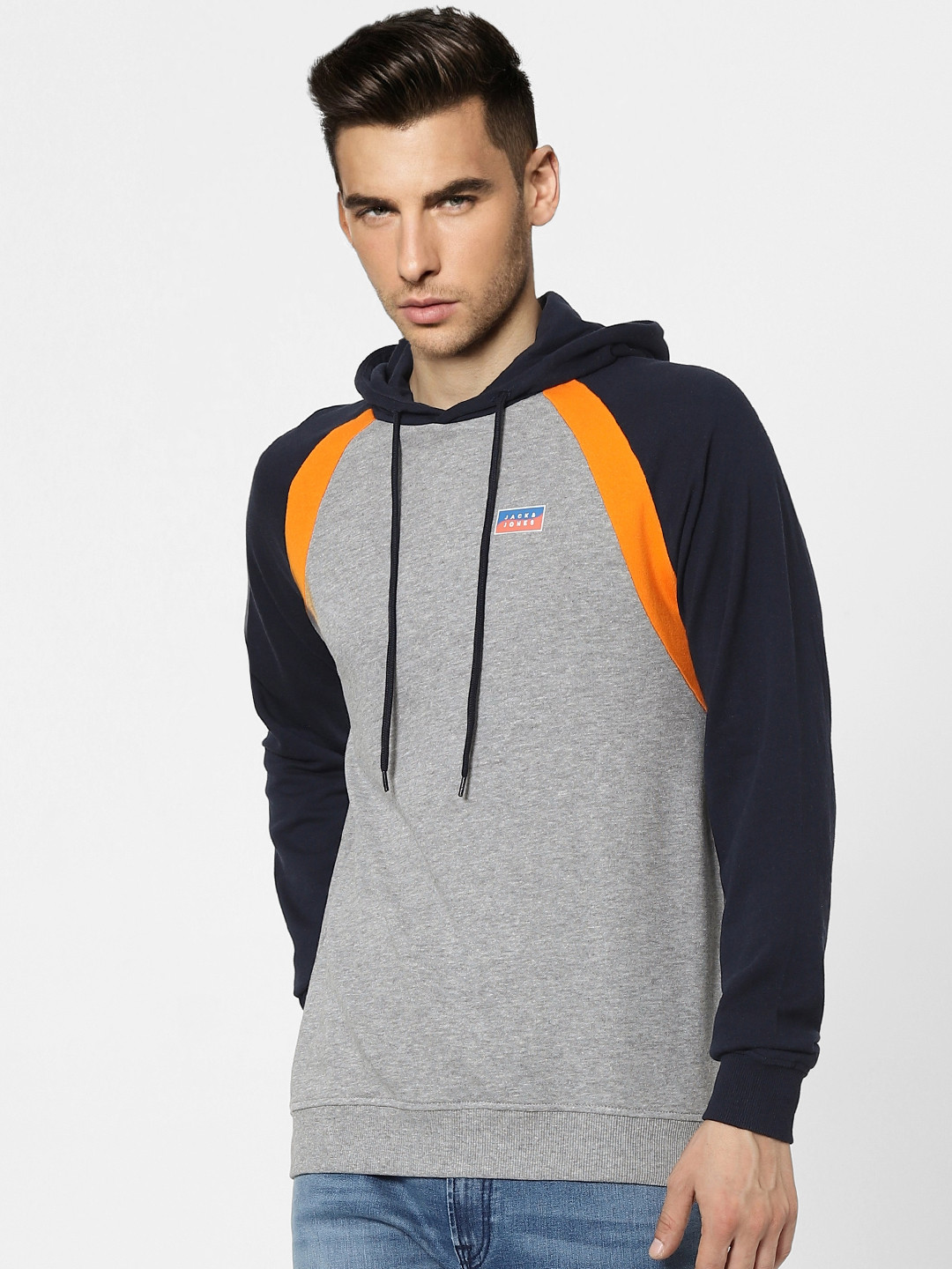 Jack & Jones Men Grey Melange Contrast Hooded & Sleeves Sweatshirt