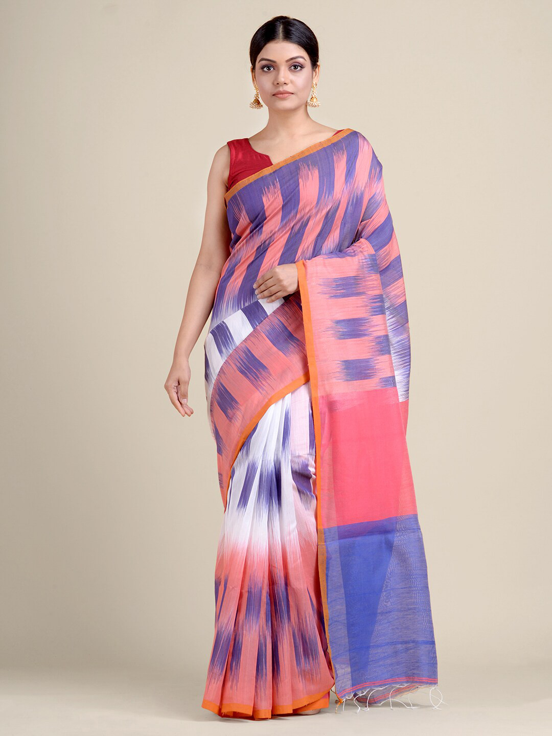 Charukriti Peach-Coloured & White Woven Design Ikat Handloom Saree