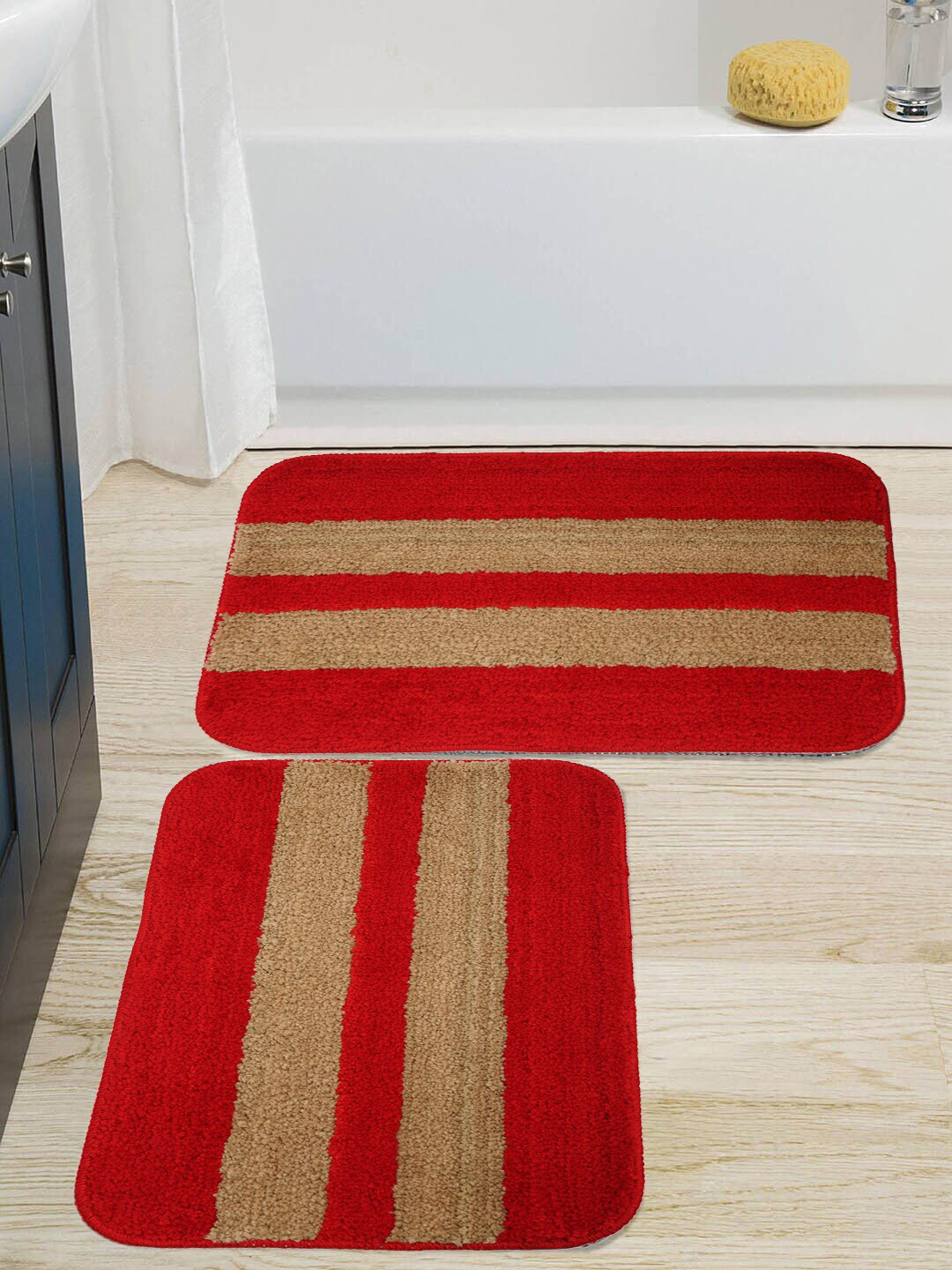 HOSTA HOMES Pack Of 2 Red & Beige Striped Anti-skid Doormats