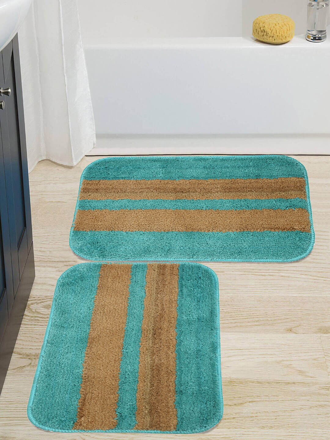 HOSTA HOMES Blue & Brown Set of 2 Striped Anti Skid Floor Mats