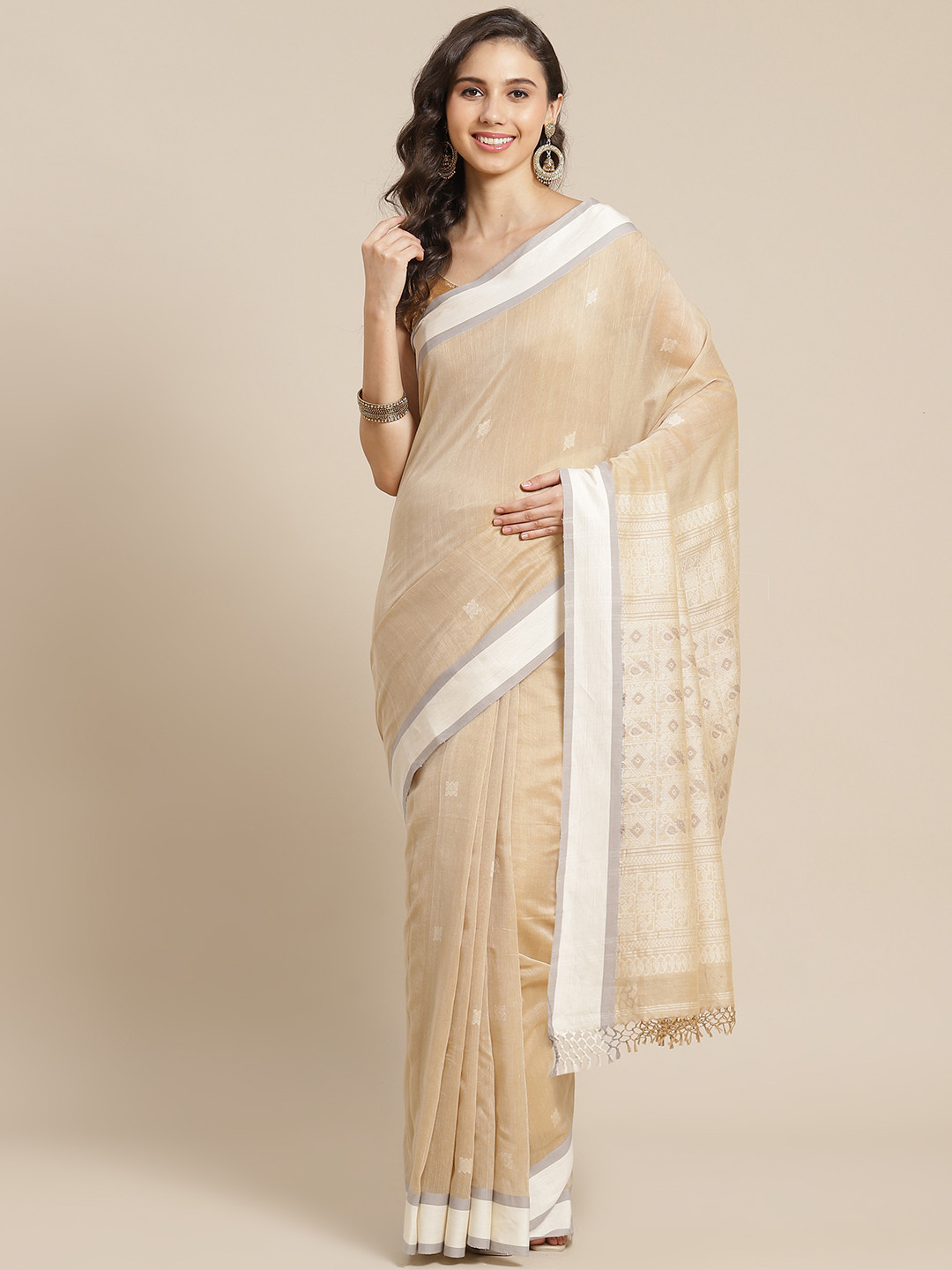 ADITRI Handloom Beige & Off White Woven Design Pure Cotton Handloom Saree