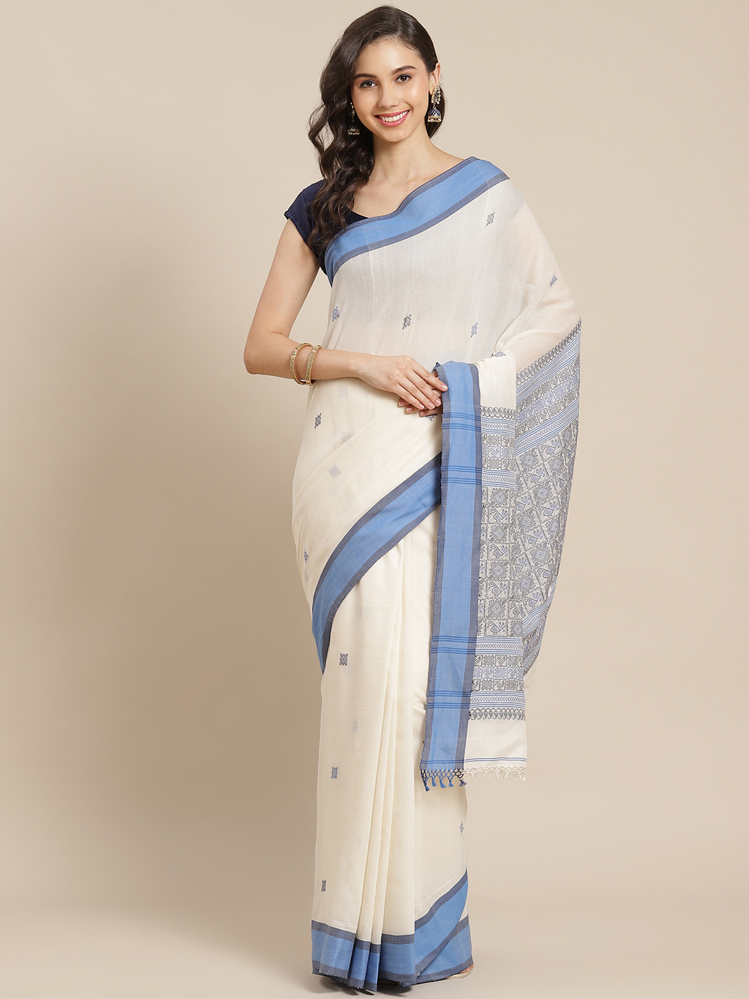 ADITRI Handloom Off-White & Blue Pure Cotton Handloom Saree