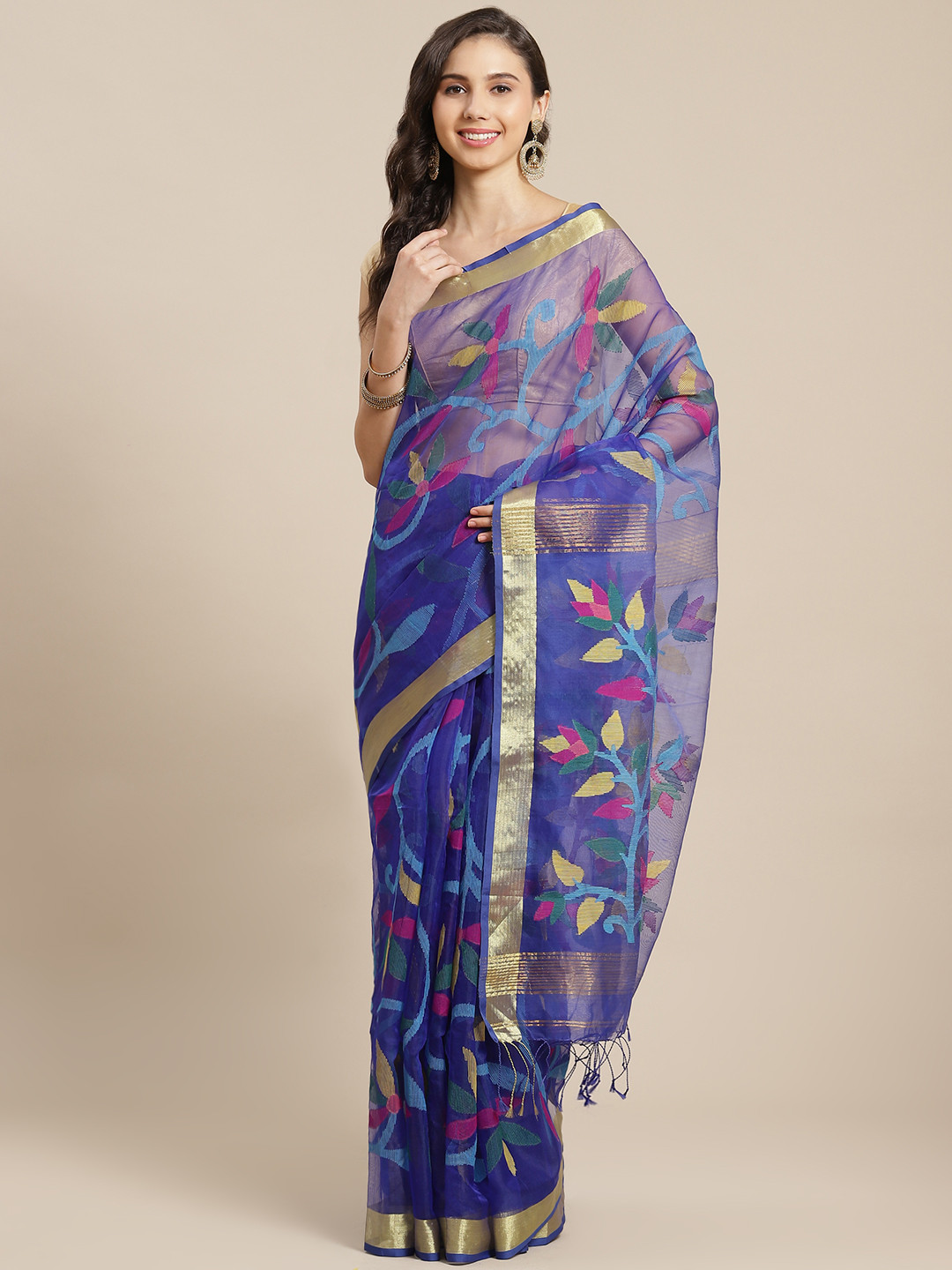 ADITRI Handloom Blue & Pink Ethnic Motifs Pure Silk Jamdani Saree