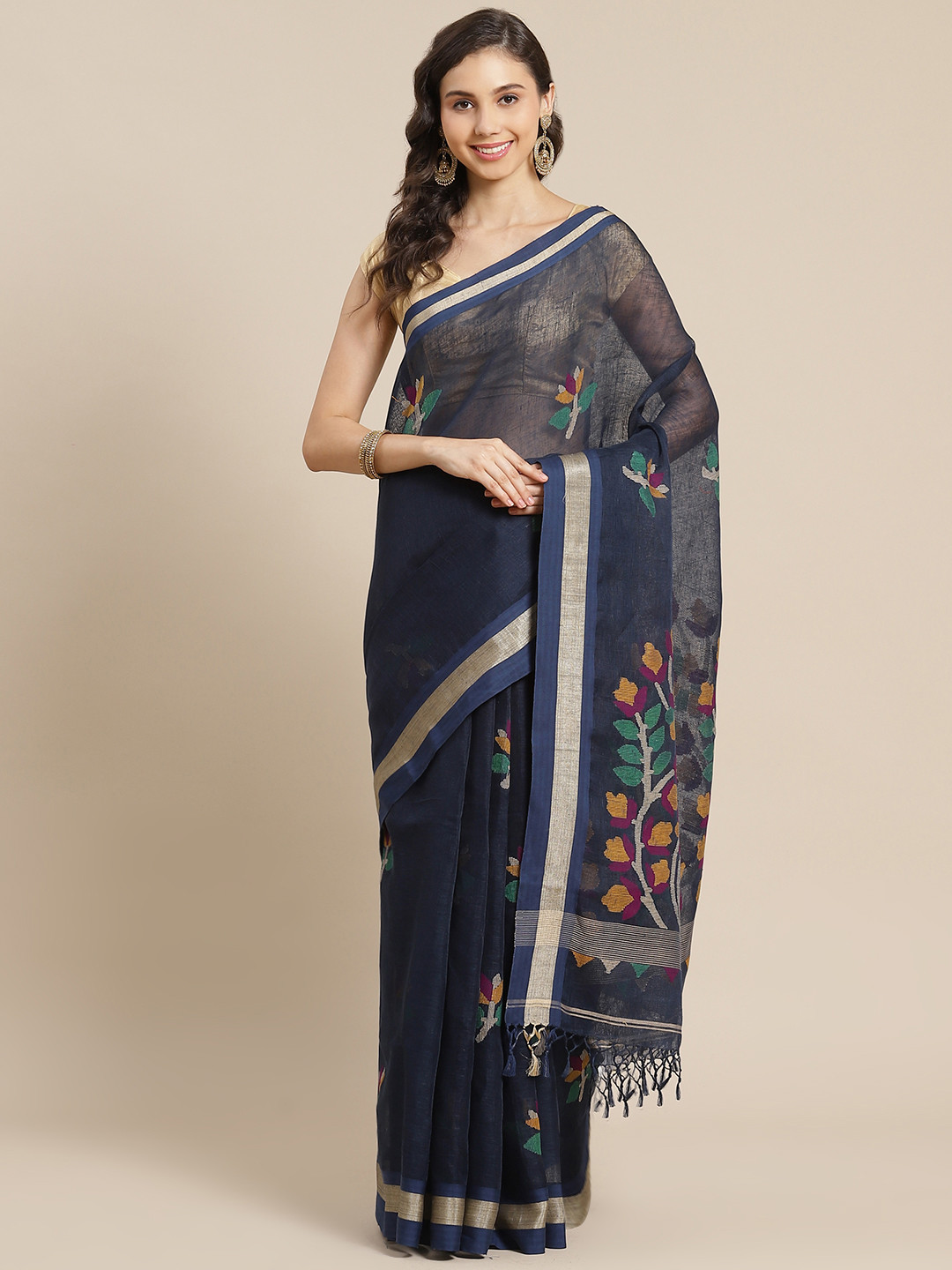 ADITRI Handloom Navy Blue & Orange Floral Handloom Jamdani Saree