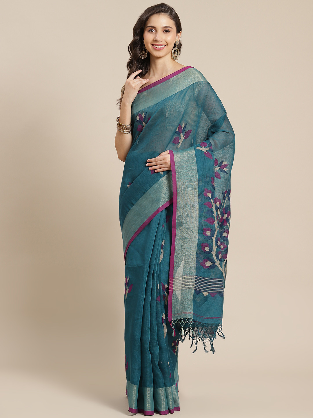 ADITRI Handloom Teal Blue & Magenta Floral Handloom Jamdani Saree