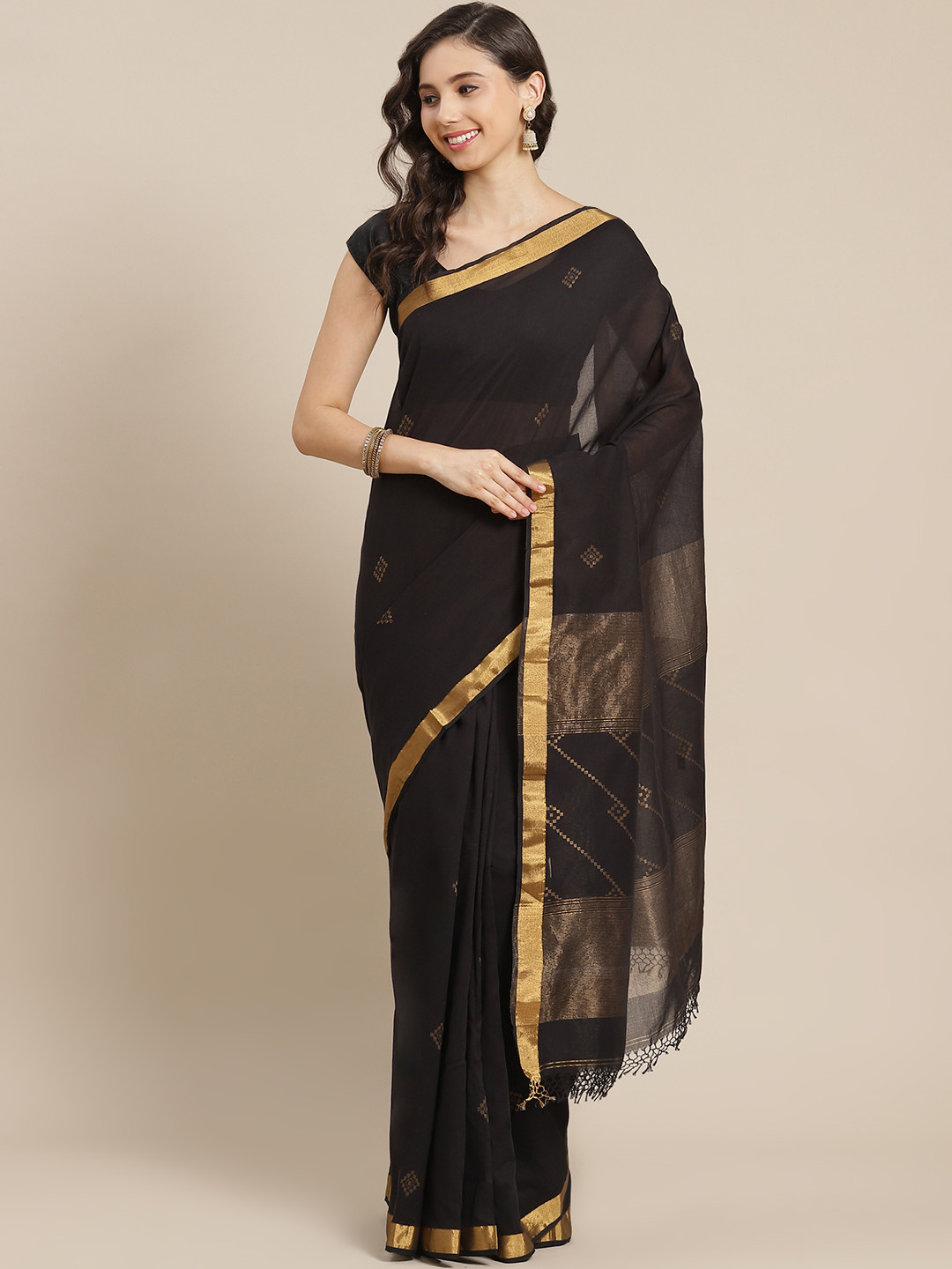 ADITRI Handloom Black & Golden Woven Design Zari Pure Cotton Handloom Saree