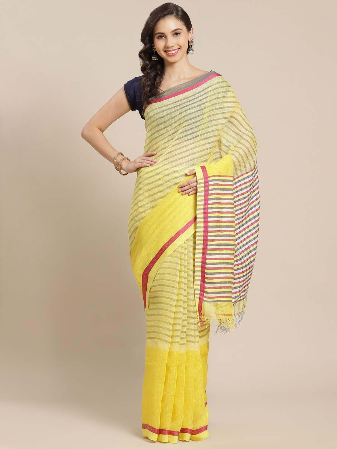 ADITRI Handloom Yellow & Charcoal Grey Striped Handloom Saree