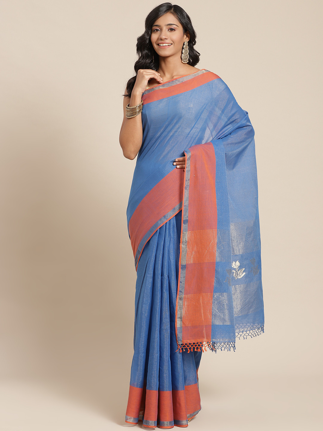 ADITRI Handloom Blue Zari Tissue Cotton Saree