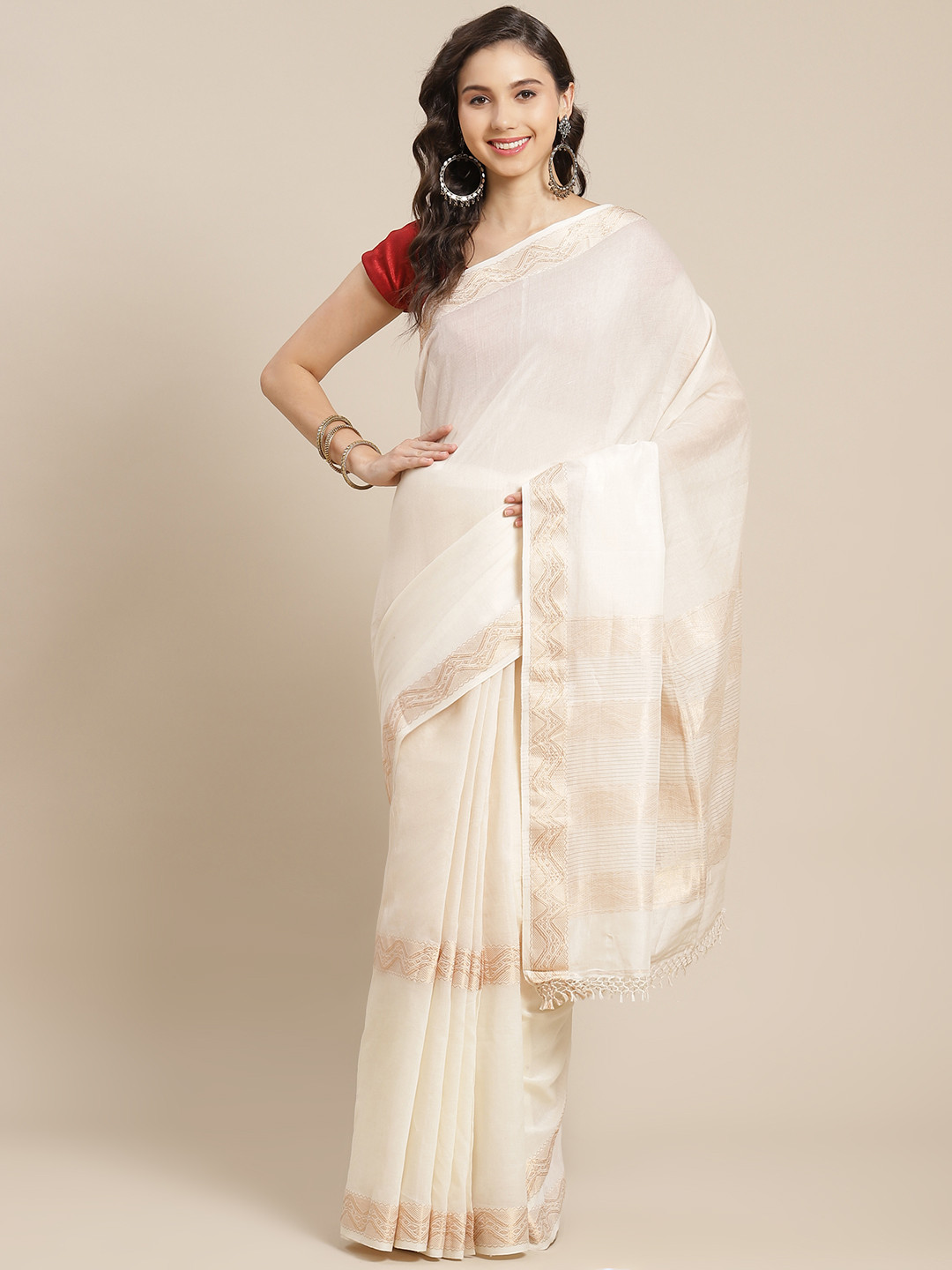 ADITRI Handloom Cream-Coloured & Golden Solid Zari Tissue Saree