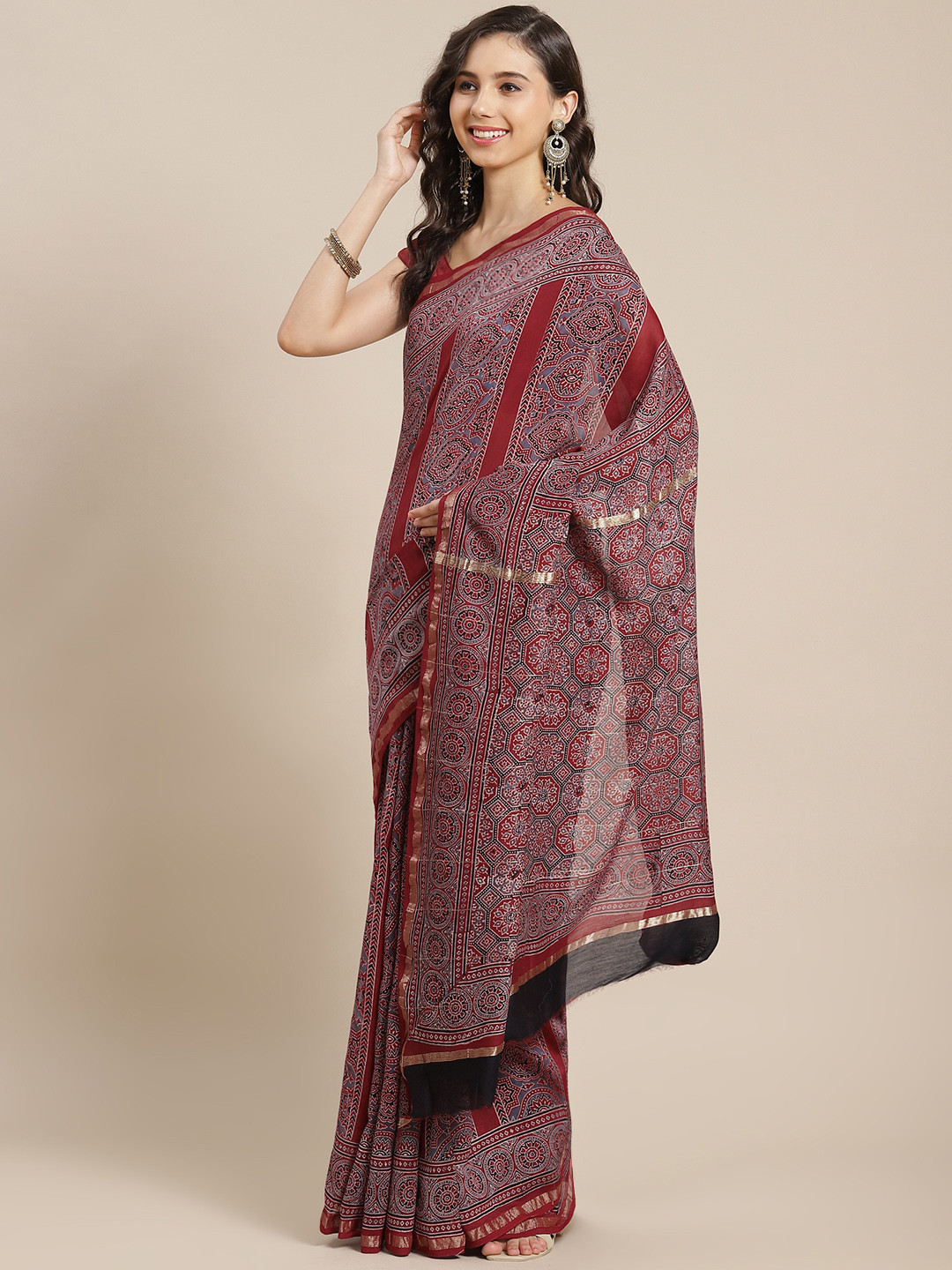 ADITRI Handloom Madder Red Pure Silk Ajrak Block Print Saree