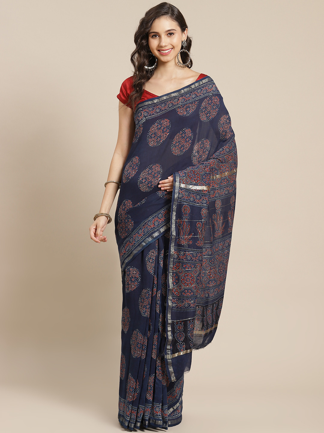 ADITRI Handloom Navy Blue & Maroon Zari Pure Silk Ajrak Block Print  Saree