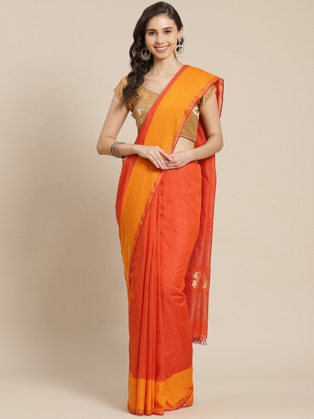 ADITRI Handloom Orange Woven Design Zari Pure Cotton Handloom Saree