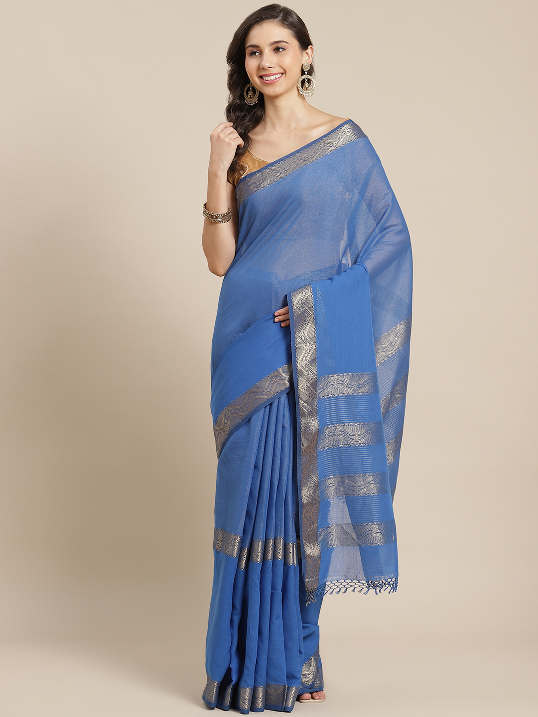 ADITRI Handloom Blue Solid Zari Tissue Handloom Saree