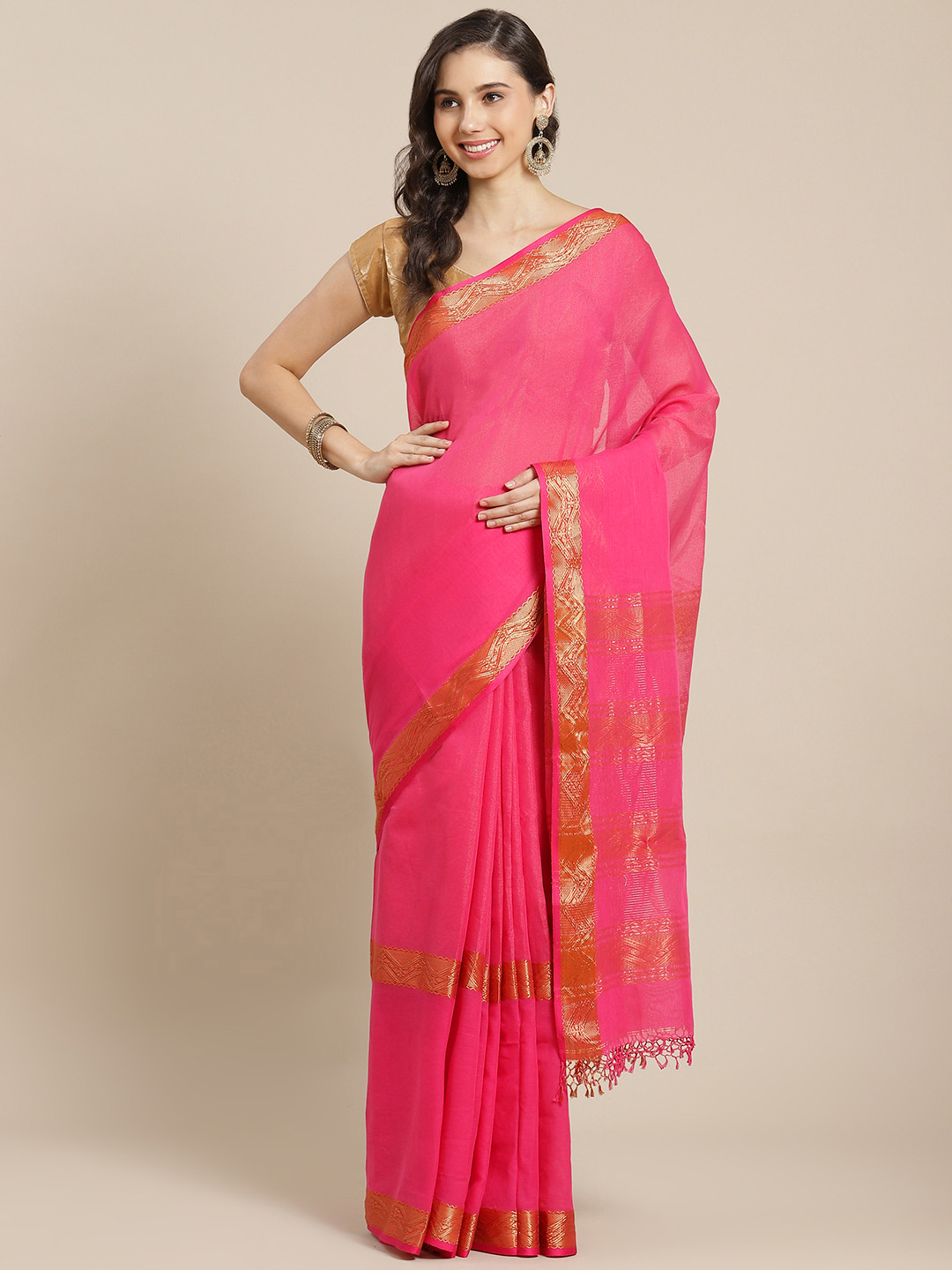 ADITRI Handloom Pink Solid Zari Tissue Handloom Saree