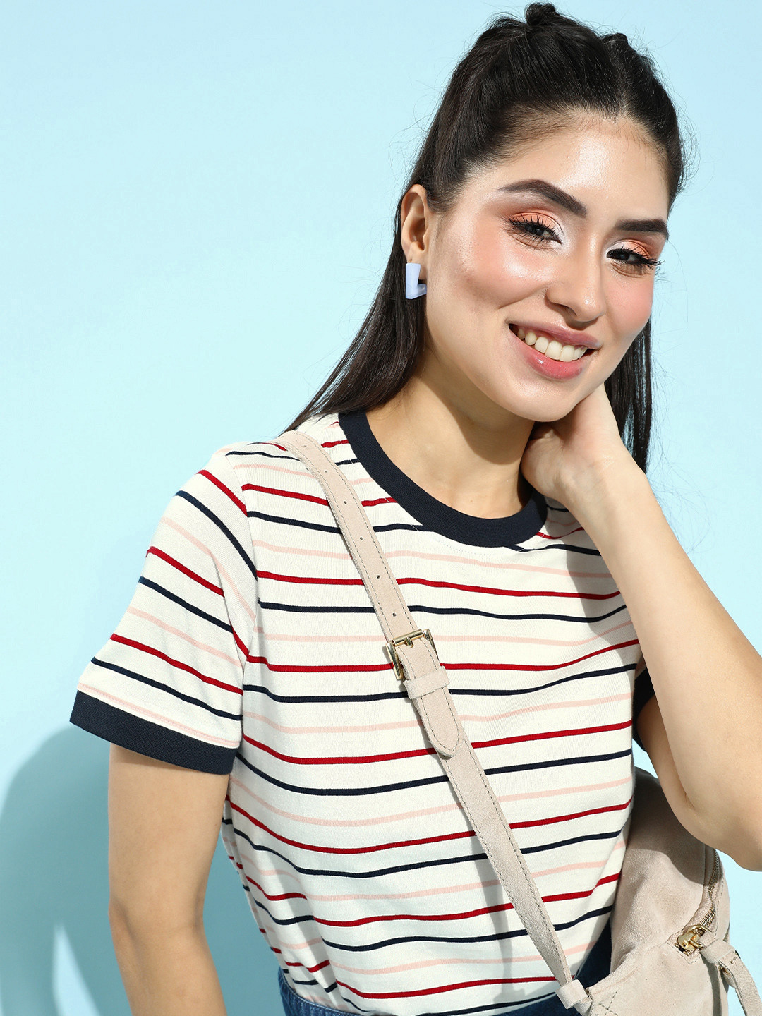Mast & Harbour Women White Striped Tshirt