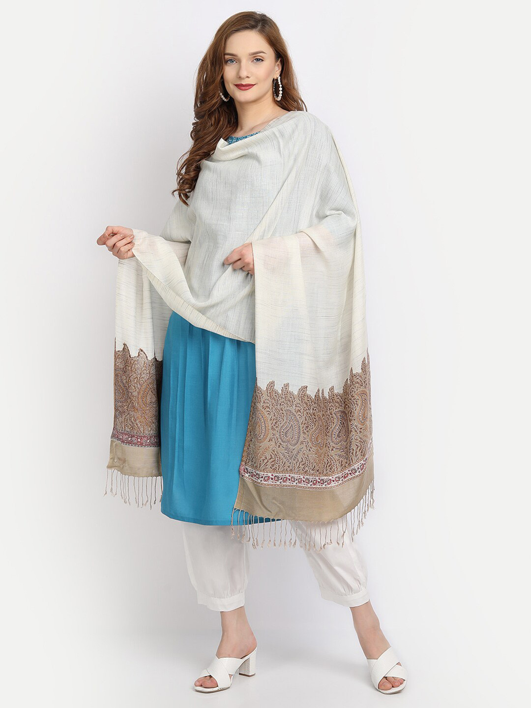 HK colours of fashion Women Off-White Woven Design Stole