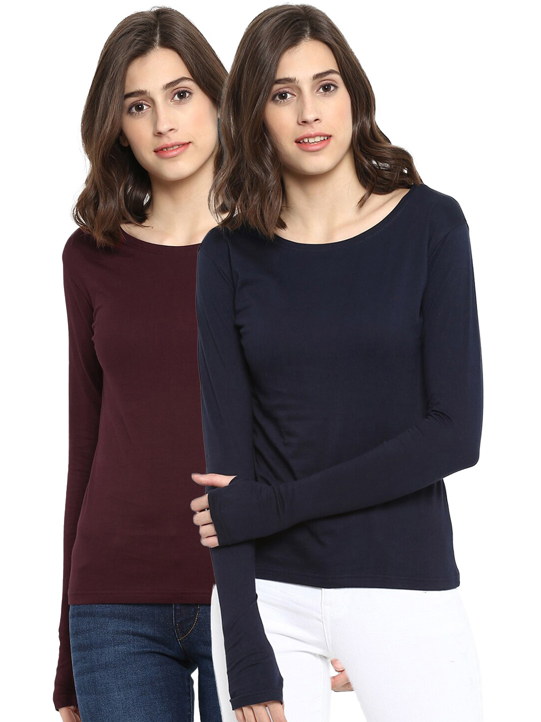 appulse Women Maroon and Navy Blue Pack of 2 Slim Fit T-shirt