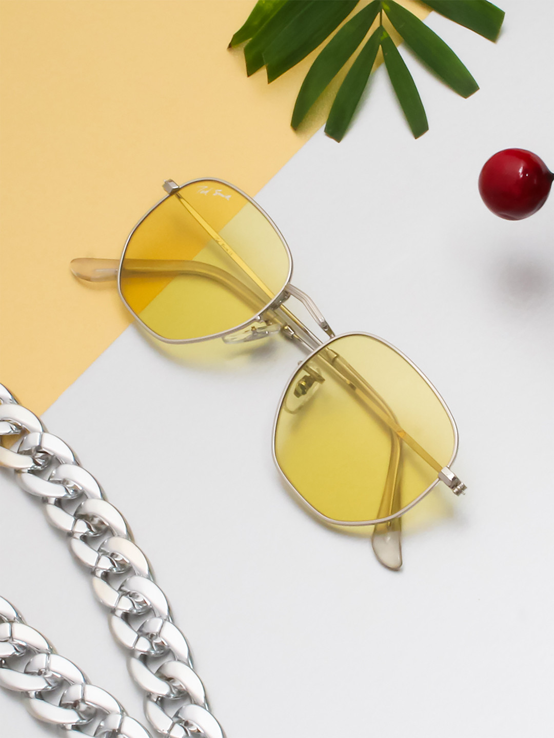 Ted Smith Unisex Yellow Lens Asymmetric Sunglasses with UV Protected Lens HEXON_C4